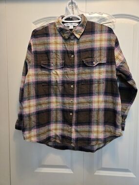 Old Navy Plaid Boyfriend Shirt in Khaki Brown, Pink & Yellow Size Large